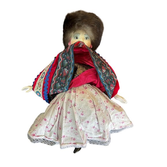 Pretty Hand Painted Russian Porcelain Girl Doll In Colorfully Dress & Fur Hat - Picture 2 of 14